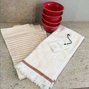 Fiesta Red Ceramic Bowls and Cream Kitchen Towel & Napkin Set
